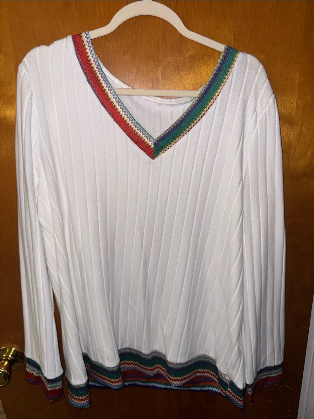 SHEIN White V-Neck Ribbed Sweater with Multicolor Trim